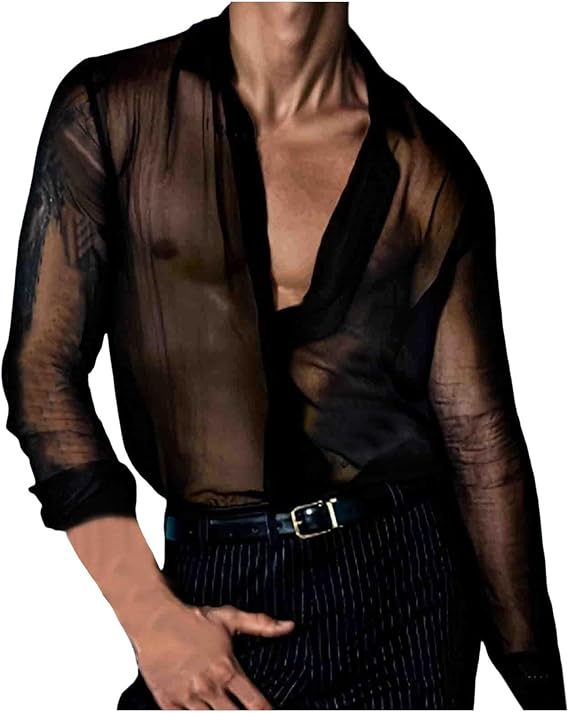 Mesh Shirt Men's Thin See Through Muscle Shirt Airy Linen Shirts Men's Mesh Shirt Long Sleeve Thin Night Club Performance Costume Casual Shirts Transparent Tops Sexy Clubwear
