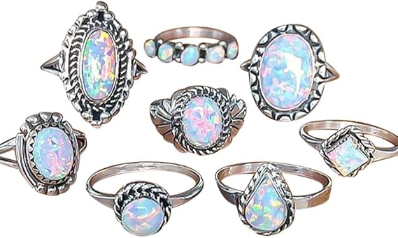Women's Ramadan Gifts: 8-Piece Opal & Diamond Fire Wedding & Engagement Ring Set