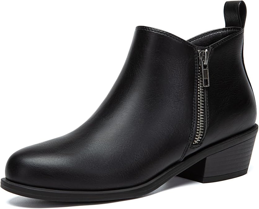 Athlefit Women's Chunky Low Heel Short Ankle Boots with Side Zipper | Comfortable Almond Toe Fall Booties, Suitable for Daily Wear, Casual Outing, Walking, Office Work