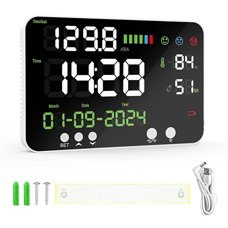 Decibel Meter,6-in-1 Digital Sound Meter with 12LCD Screen,Range 30-130dB,Rechargeable Noise Meter with Time, Temperature and Humidity Display for Home, Studio, Library, and Factory