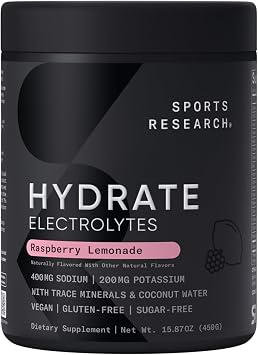 Sports Research Hydrate Jars - Sugar-Free & Naturally Flavored with Vitamins, Minerals, and Coconut Water - Supports Hydration - Raspberry Lemonade