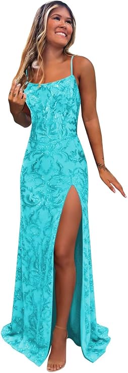Spaghetti Strap Sequin Prom Dresses Long