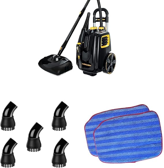 McCulloch MC1385 Deluxe Canister Steam Cleaner with 23 Accessories & A1230-005 Nylon Utility Brush (5 Pack) & A1375-100 Replacement Traditional Microfiber Mop Pad for MC1375, 2-Pack