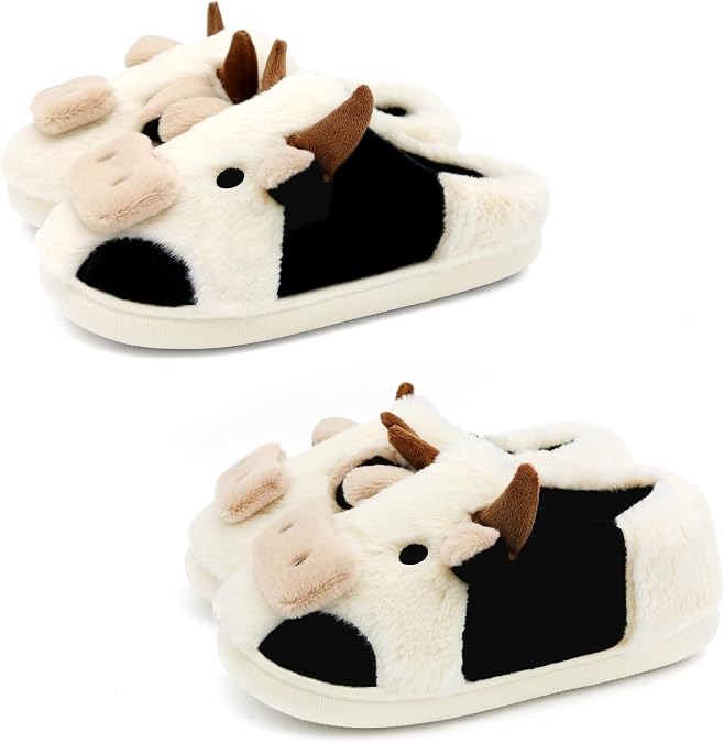 2 Pairs Cow Slippers for Women Men, Womens Cow House Slippers Indoor and Outdoor 7-8 women/ 6-7 men