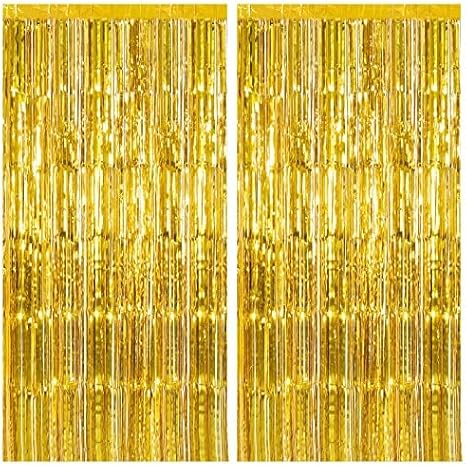 2 Pack Gold Fringe Curtain Backdrop Tinsel Streamers Birthday Party Decorations Christmas Photo Booth Backdrop Halloween New Year Graduation Baby Shower Theme Party Decorations