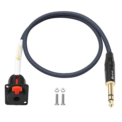 1/4 inch Pass Through Cable, 6.35mm Female Panel Mount to Male Connector Adapter, Mic Feed/Pass Thru Converter for Stage Box, Patch Panel, Floor Box (1/4" D-Type Female to Male 2FT)