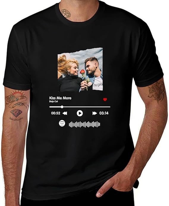 Custom Spotify Music Code T Shirts for Men Women, Personalized T-Shirts Design Your Photo Customized Cotton Short Sleeve Unisex Tee, Gifts for Dad Mom Family Couple Birthday Christmas Father's Day