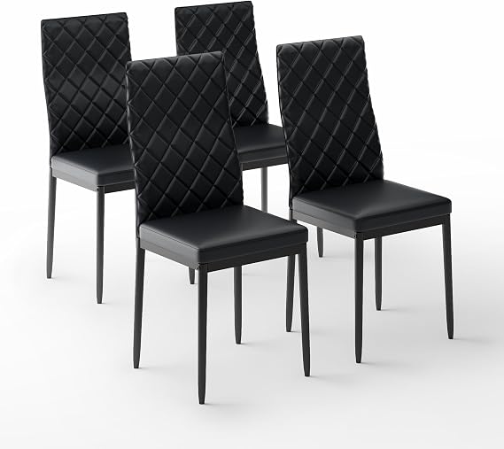 Modern Dining Chairs Set of 4, PU Leather & Curved Back, Black | Small Space, 38.2"H x 16.2 "W x 19.1" D, 330lbs Capacity, Thick Cushions Kitchen Chair, Dining Room, Living Room, Apartment