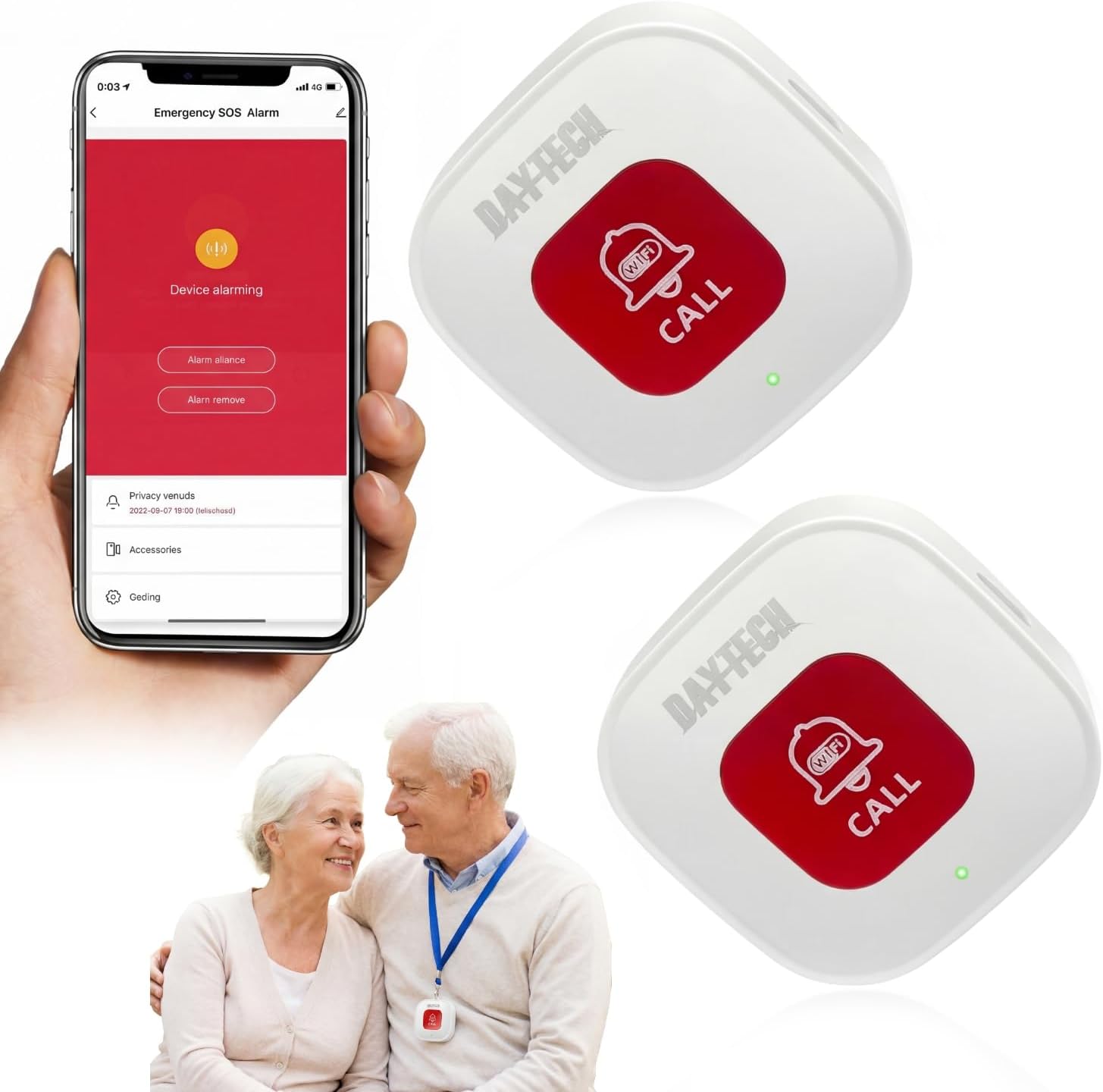 DAYTECH Tuya WiFi Smart Rechargeable Call Button Alarm, Wireless Fall Alarm for Elderly,Personal Alarms for Elderly Disabled Handicapped, Emergency Call Button, Supports 2.4GHz Wi-Fi, NO FEES 2 PACKS