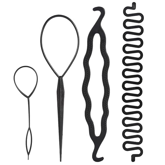 Hair Braiding Kit, Tail Hair Tool Hair Loop Pull Through Tool Hair Styling Set Bun Maker Hair Braiding Styling Tools (No. 1 4PCS)