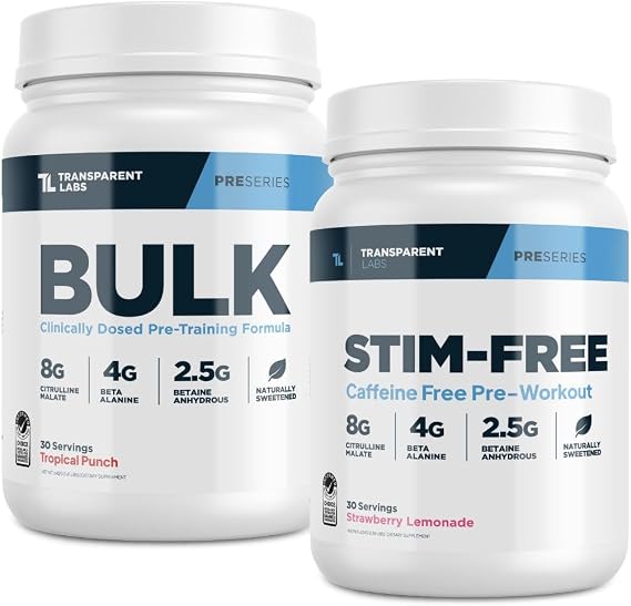 Transparent Labs Bulk Pre-Workout Powder (30 Servings, Tropical Punch) & Stim-Free Pre-Workout Powder (30 Servings, Strawberry Lemonade)
