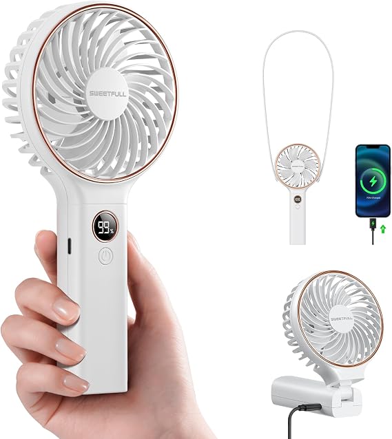 SWEETFULL Handheld Portable Fan, 5000mAh Rechargeable Battery, 6 Speed Wind, LED Digital Display, Foldable Electric Personal Mini Travel Fan with Backup Power, Summer Essentials Gifts for Women Girl