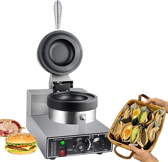 Commercial Hamburger Waffle Maker with Double-Sided Heating, Temperature Control, and Timer for Fast Cooking