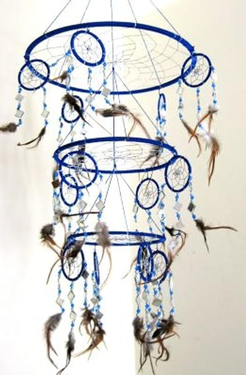 OMA Blue Dream Catcher, 3D Design with Mosaic Glass and Feathers, Boho Home Decor Bedroom Decoration Gift Large Size - 30" Long x 9" Diameter