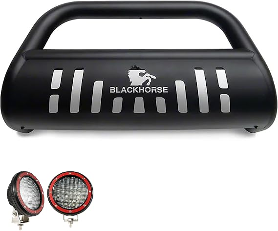 Black Horse Bull Bar Incl. Pair of 5.3" Dia.LED Lights w/Red Trim Rings Matte Black Compatible with 2019-2023 Ford Ranger-BBFO100A-SP-PLFR