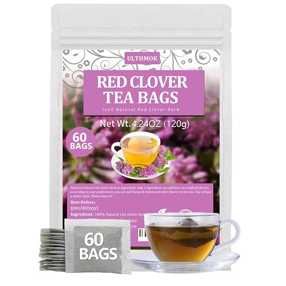 60 Premium Red Clover Tea Bags, Made with 100% Natural Red Clover Flowers & Herb, Rich in Antioxidants & Supports Wellness, No Additives & Caffeine Free.