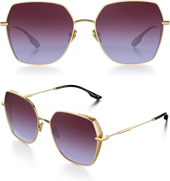 LUENX Women's Oversized Sunglasses, Retro Square Metal Geometric Design with Lattice Side Detailing, UV Protection, Anti-Glare, Perfect for Daily Wear, Travel & Parties (Gold Frame Gradient Lens)