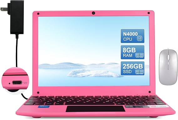 HBESTORE10.1 Mini Laptop, IPS Display - with Celeron N4000 (Up to 2.6GHz), 8GB RAM 256GB SSD Windows 11 OS, Lightweight & Powerful Small Computer (Pink, 8GB+256GB)