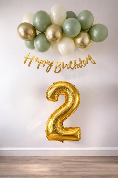 Concept Birthday Set with Mold Green, Sea Sand and Chrome Gold Balloons for 2 Years Old