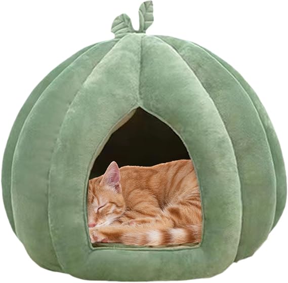 Cat House Indoor Green Pumpkin Cat Bed Enclosed Cat Bed Pumpkin-Shaped Cozy Washable Pet Bed Thickened For Home Indoor Kittens Small Dogs