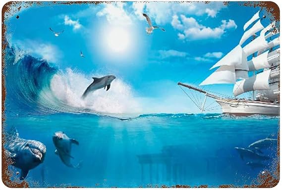 Dolphins And Ship Children Room Wall Decor Cutech Wall Decor Poster Metal Sign 8X12 Inches