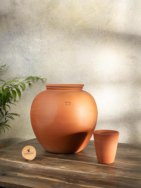 Village Decor Terracotta Water pot With Lid & Glass |Preseasoned Terracotta Mud(Capacity 6000 ml / 202 oz)