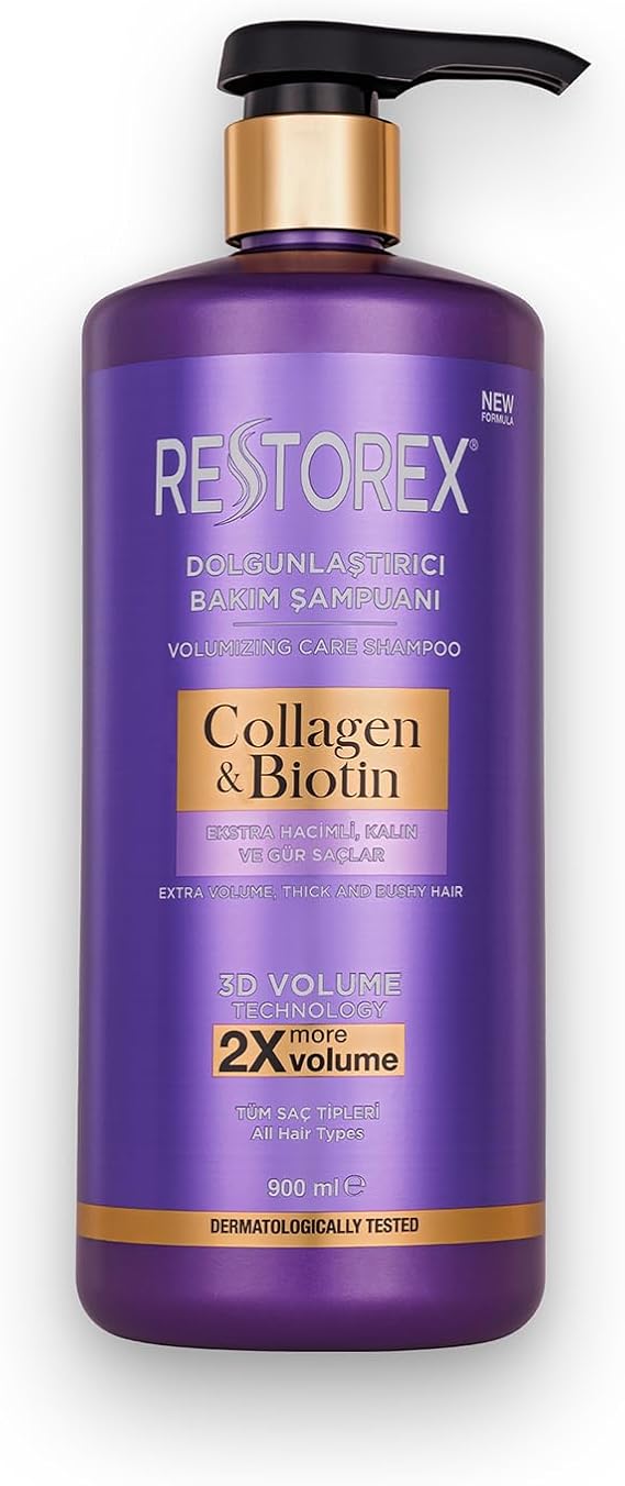 Restorex Collagen & Biotin Dolgunlaştırıcı Şampuan 900 ml – Hacimsiz Saçlar İçin Sülfatsız, Kolajen ve Biotin İçerikli Yoğun Hacim Veren Bakım Şampuanı