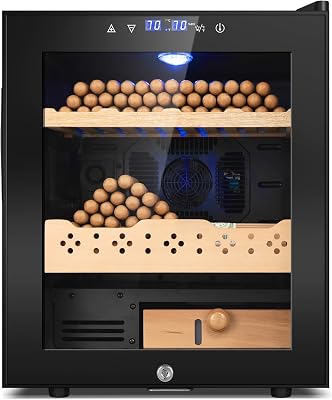 Electric Cooler Cabinet 50L with Temperature and Humidity Control, Spanish Cedar Wood Shelves and Safety Lock 360 Counts Capacity