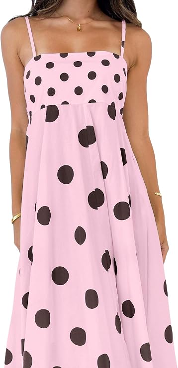 chouyatou Women's Elegant Polka Dot Maxi Dress Back Smocked Spaghetti Strap Ruffle Swing Long Dress with Pockets