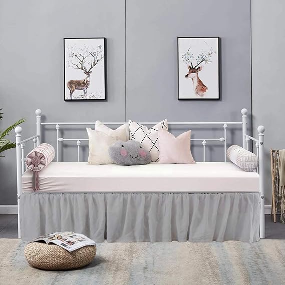 100% Cotton 800 Thread Count Daybed Skirt, 1 Piece Dust Ruffle Split Corners with 16" Drop Day Bed Skirts Three Side Coverage Twin Size (39" X75") - Silver Solid