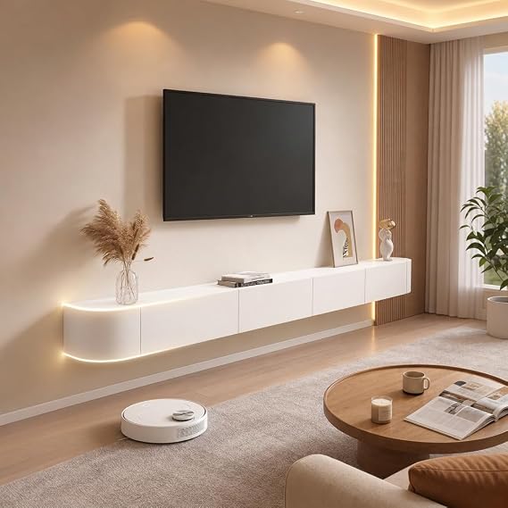 118" White Floating TV Stand, Wall Mount Media Console with Drawers