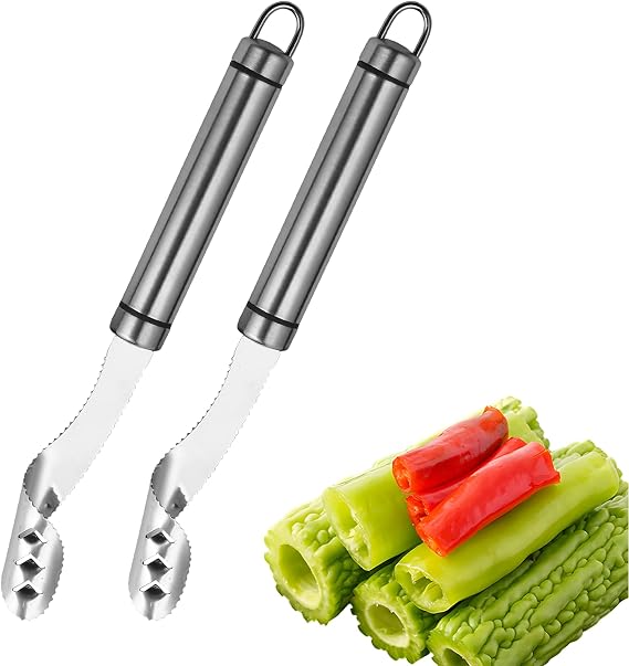 2pcs Jalapeno Pepper Corer, 2 in 1 Chili Corer Tool - Stainless Steel Pepper Seed Remover with Serrated Slice & Handle, for Slicing Off Vegetable Tops or Removing Pepper Cores