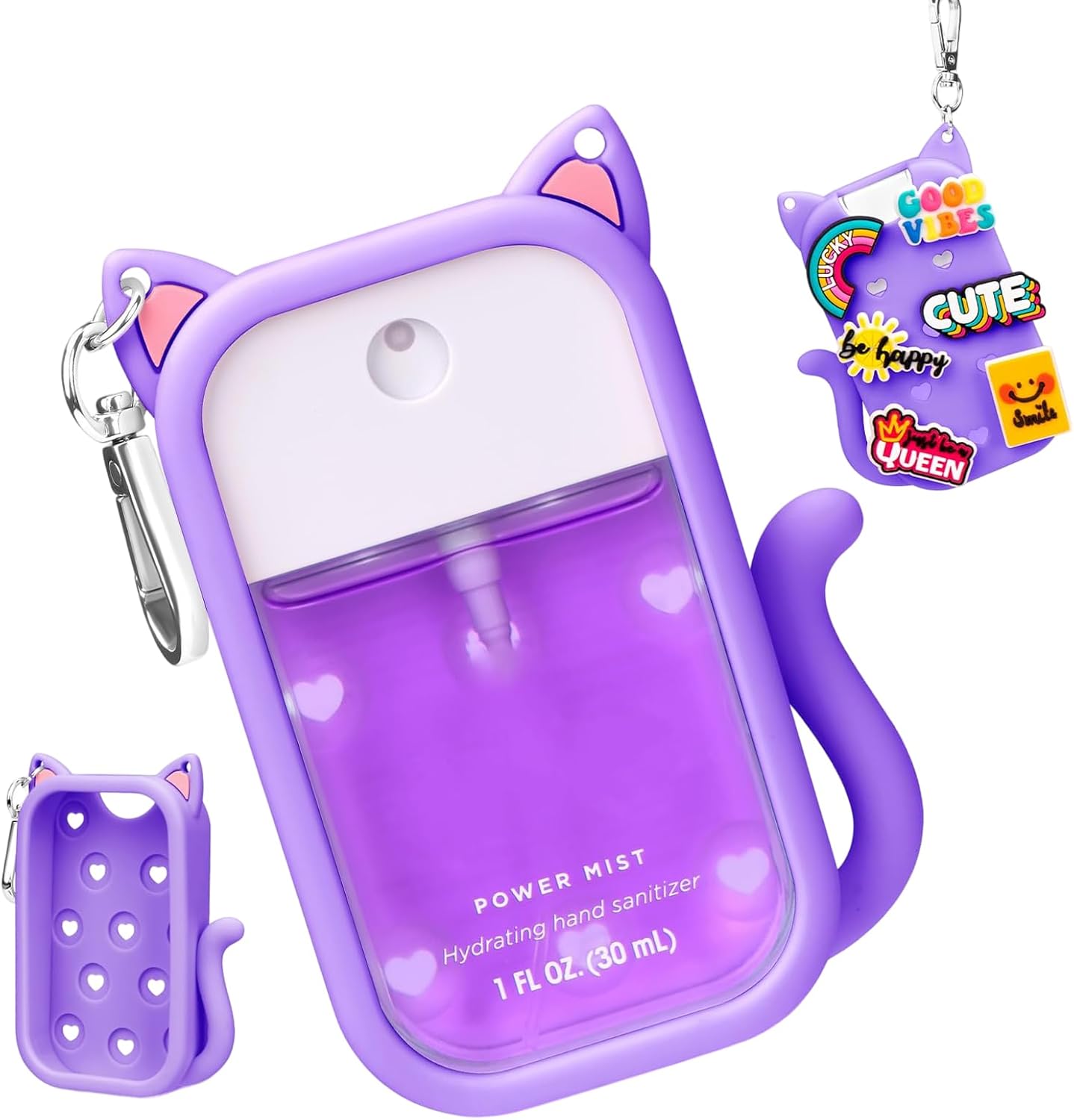 Small Silicone Protective Case for 30ml Hand Sanitiser Bottles - Portable Cat-Shaped Cover with 6 Charms and Keyring (1 Piece, Purple)