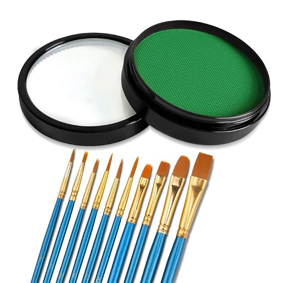 Water Activated Face Painting Kit With brushes, Green Water-based Face & Body Paint Palette No Waterproof Painting Palette Ideal for Clown Costume Cosplay Party Halloween with Blue Brushes (Green)