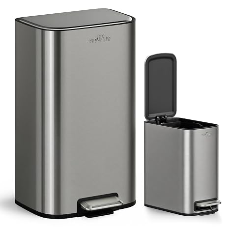 mVm Bathroom Pedal Bin, 6L Small Slim Stainless Steel Trash Can with Lid & Removable Inner Bucket, Fingerprint-Proof Compact Waste Bin for Bathroom, Bedroom & Office (2, Grey, 6L+30L)