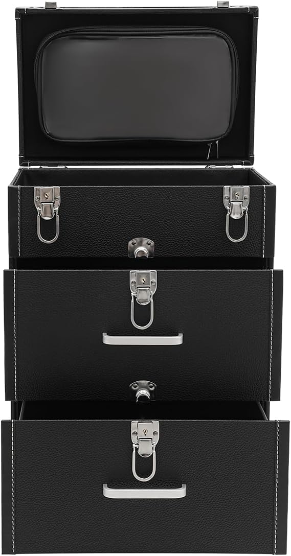 Portable Rolling Makeup Train Case Lockable Rolling Makeup Case Professional Makeup Trolley for Studio or Travelling Nail Technician Artists Cosmetologist Stylist (Silver Lock, Black)