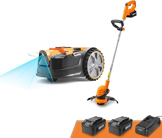 LawnMaster OcuMow Robot Lawn Mower with Cordless 24V MAX 10 Grass Trimmer Combo Kit Perimeter Wire Free for Small Yards 2000-4000 Square Feet Optical Navigation Automatic Obstacle Avoidance Spot Cut