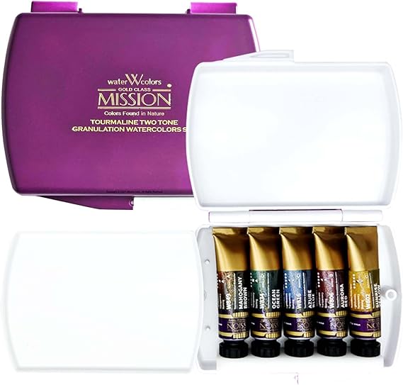 Mijello Mission Tourmaline Two-Tone Granulation Water Color Paint Unique texture Color retention Good Pigmentation for dramatic effect Art work & Craft_ MGC-0405SM_5 Colors Summer Set