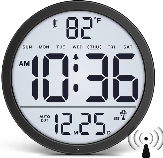 WallarGe Backlit Atomic Clock, Self-Setting Digital Wall Clock, 8"