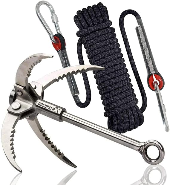 Grappling Hook with 10m Rope Multifunctional QUADPALM Grapple Hook - 4 Stainless Steel Folding Claws - Heavy Duty - Outdoor Camping Hiking Tree Rock Mountain Climbing Equipment