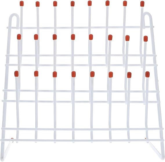 24-Peg Bottle Drying Rack for Lab Glassware and Milk Bottles, Space-Saving Wall-Mount Design, Non-Slip Red Top, Sturdy Iron Frame, Ideal for Kitchen, Lab, Classroom Use