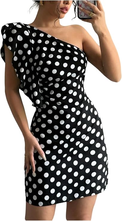 OYOANGLE Women's Polka Dots Bodycon Dress Ruffle One Shoulder Mini Dresses | Polka Dots, Formal Dress, Bodycon Dress, Ruffle, One Shoulder, Sleeveless, Elegant Mini Dresses