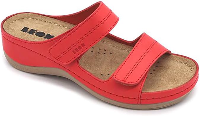 LEON 907 Leather Slip-on Womens Ladies Sandal Clogs Mules Slides Slippers Shoes, Red, EU 41 (10.5M US Women)