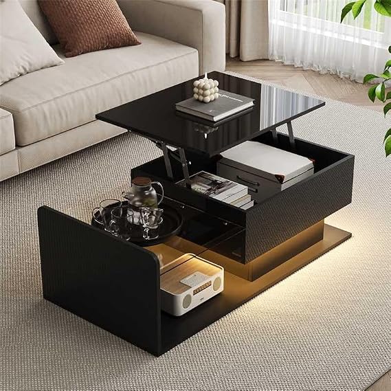 Merax Lift Up Coffee Table, Black High Gloss Coffee Table Centre Table for Living Room, with glass Tabletop and LED Effect, 16-colour variable Led Lights, round corners Design, 100 * 50 * 33/47.5cm