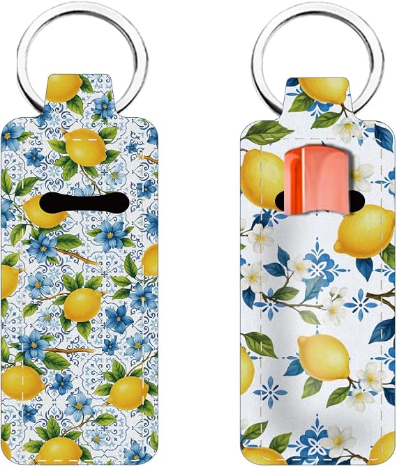 2pcs Lipbalm Holder Key Chain Lipstick Keychain Lemon Pattern Lip Balm Organizer Holder Sleeve Pouch Potable Lipstick Storage Case for Travel Women 1.5x3.8