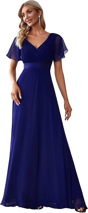 Ever-Pretty Women's Double V-Neck Short Flutter Sleeves Empire Waist Elegant Chiffon Long Evening Dresses 9890