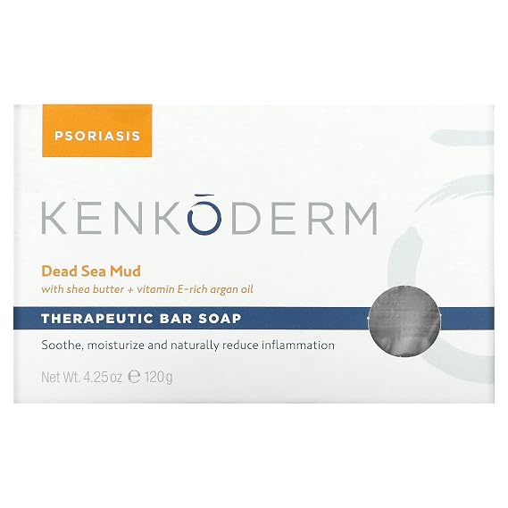 Kenkoderm Psoriasis Dead Sea Mud Soap with Argan Oil & Shea Butter, Natural Exfoliating Body & Face Cleanser for Sensitive Skin, Fragrance & Color-Free, 4.25 Ounce, 1 Bar