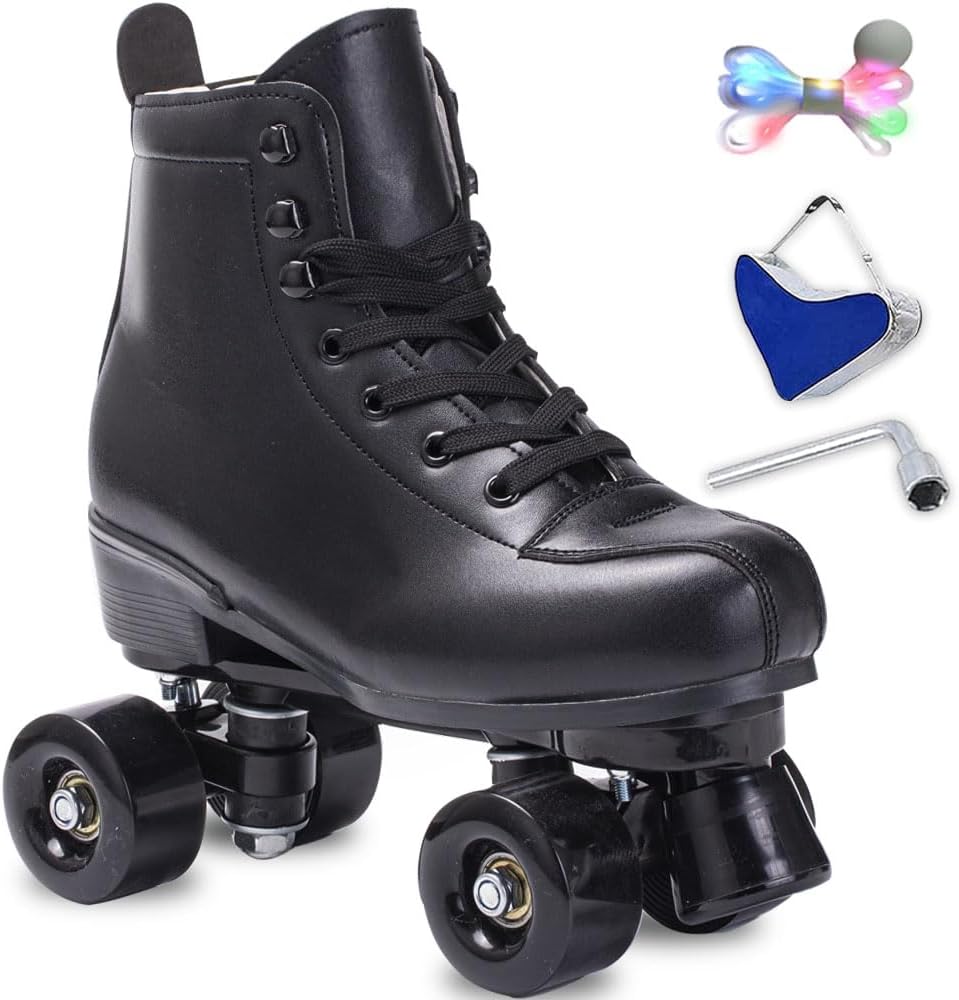 Roller Skates Women Men High-Top PU Leather Roller Skates Classic Double-Row Roller Skates Outdoor Indoor Quad-Skates with Light up Shoe Laces (Black Black Wheel, 38-US Men 6= Women 7)