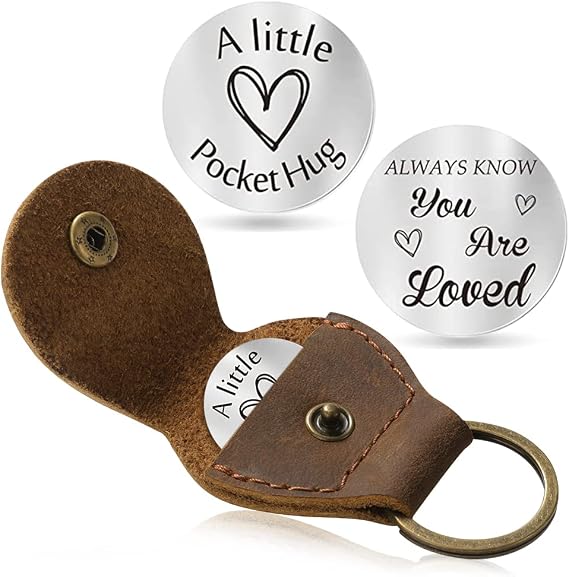 Jack&Chris Pocket Hug Token Long Distance Relationship Keepsake, Double Sided Message Engraved with Leather Keychain, JC65