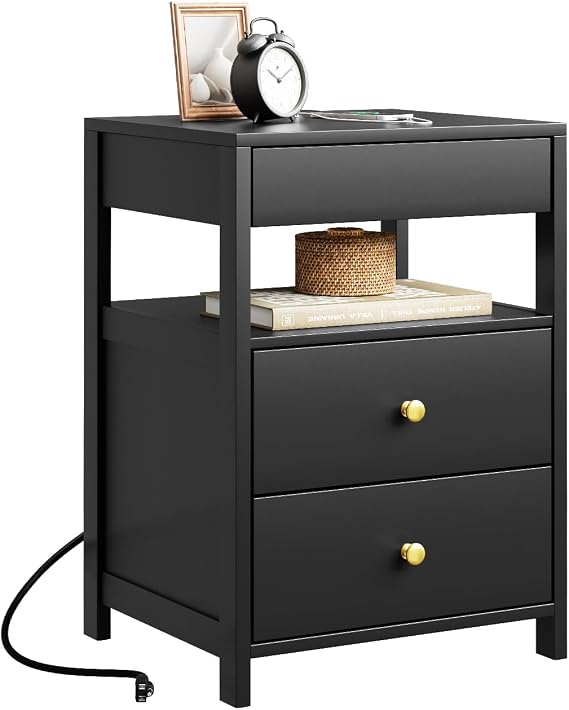 SoBuy Black Nightstand with Charging Station | Bedside Table with 2 Drawers, USB & Type-C Ports, Storage Side Table for Bedroom, Dorm Room, Black, FBT173-SCH